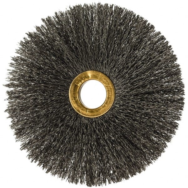 Osborn - 4" OD, 5/8" Arbor Hole, Crimped Steel Wheel Brush - 3/16" Face Width, 1-1/2" Trim Length, 0.008" Filament Diam, 15,000 RPM - Exact Tooling