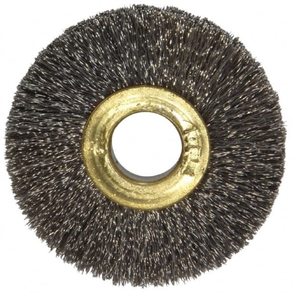 Osborn - 1-1/2" OD, 3/8" Arbor Hole, Crimped Stainless Steel Wheel Brush - 7/32" Face Width, 3/8" Trim Length, 0.005" Filament Diam, 20,000 RPM - Exact Tooling