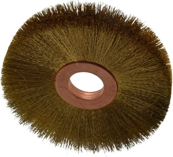 Osborn - 3" OD, 5/8" Arbor Hole, Crimped Brass Wheel Brush - 3/8" Face Width, 15/16" Trim Length, 0.005" Filament Diam, 15,000 RPM - Exact Tooling