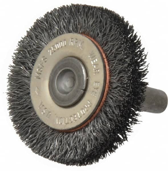 Osborn - 1-1/2" OD, 1/4" Shank Diam, Crimped Steel Wheel Brush - 3/8" Face Width, 9/32" Trim Length, 0.008" Filament Diam, 25,000 RPM - Exact Tooling