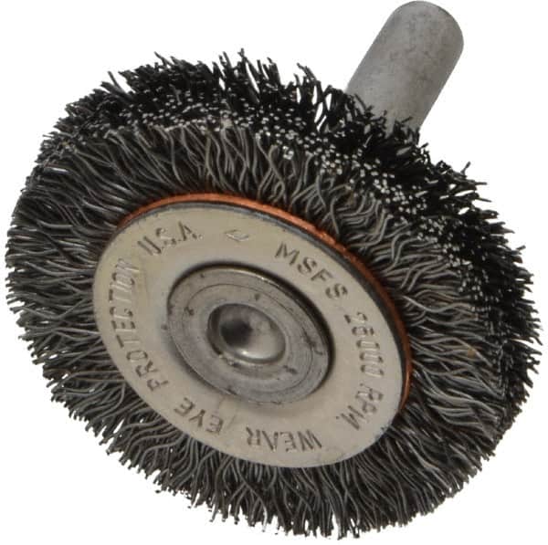 Osborn - 1-1/2" OD, 1/4" Shank Diam, Crimped Steel Wheel Brush - 3/8" Face Width, 9/32" Trim Length, 0.0118" Filament Diam, 25,000 RPM - Exact Tooling