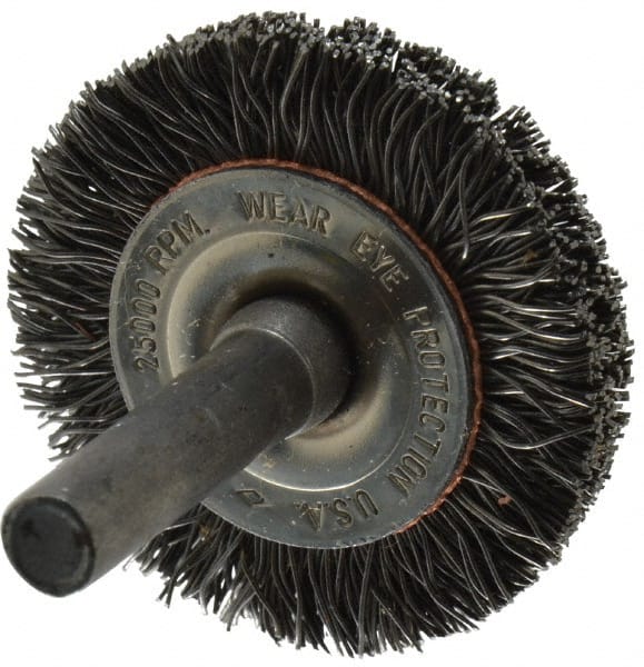 Osborn - 1-1/2" OD, 1/4" Shank Diam, Crimped Steel Wheel Brush - 3/8" Face Width, 9/32" Trim Length, 0.014" Filament Diam, 25,000 RPM - Exact Tooling