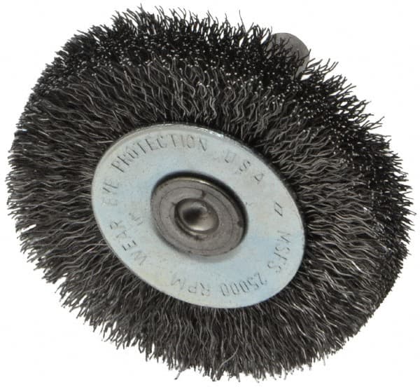 Osborn - 2" OD, 1/4" Shank Diam, Crimped Steel Wheel Brush - 3/8" Face Width, 7/16" Trim Length, 0.008" Filament Diam, 25,000 RPM - Exact Tooling