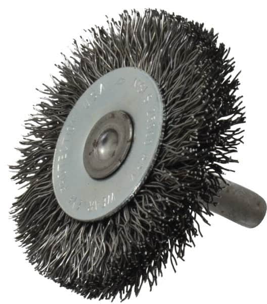 Osborn - 2" OD, 1/4" Shank Diam, Crimped Steel Wheel Brush - 3/8" Face Width, 7/16" Trim Length, 0.014" Filament Diam, 25,000 RPM - Exact Tooling