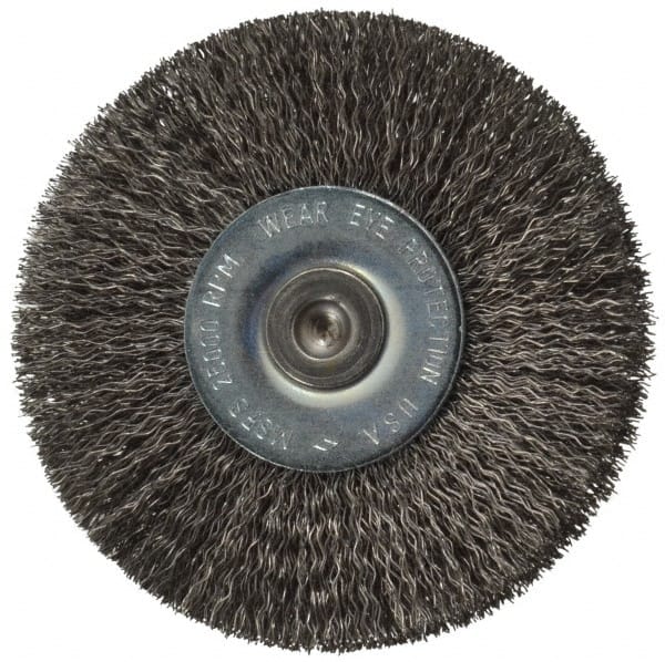 Osborn - 2-1/2" OD, 1/4" Shank Diam, Crimped Steel Wheel Brush - 7/16" Face Width, 11/16" Trim Length, 0.008" Filament Diam, 25,000 RPM - Exact Tooling