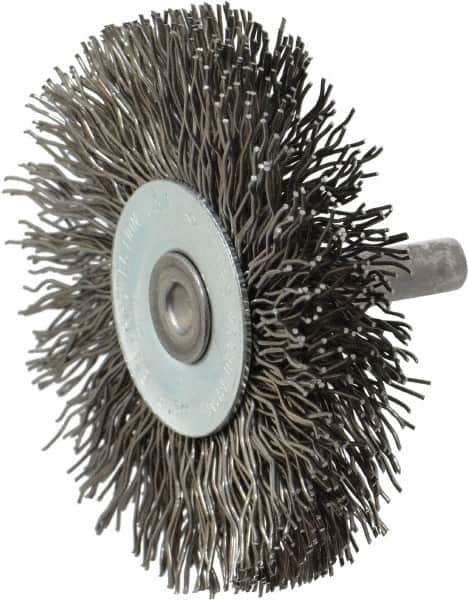 Osborn - 2-1/2" OD, 1/4" Shank Diam, Crimped Steel Wheel Brush - 7/16" Face Width, 11/16" Trim Length, 0.02" Filament Diam, 25,000 RPM - Exact Tooling