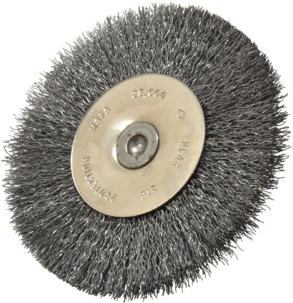 Osborn - 3" OD, 1/4" Shank Diam, Crimped Steel Wheel Brush - 7/16" Face Width, 3/4" Trim Length, 0.008" Filament Diam, 25,000 RPM - Exact Tooling