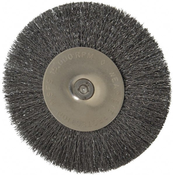 Osborn - 4" OD, 1/4" Shank Diam, Crimped Steel Wheel Brush - 1/2" Face Width, 1" Trim Length, 0.008" Filament Diam, 15,000 RPM - Exact Tooling