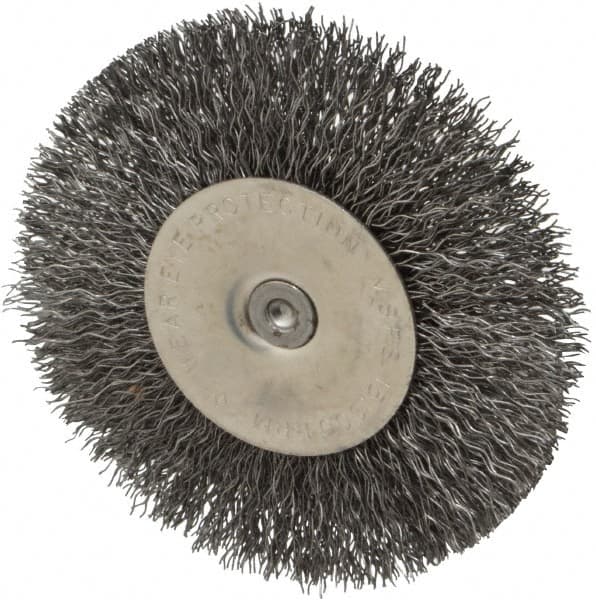 Osborn - 4" OD, 1/4" Shank Diam, Crimped Steel Wheel Brush - 1/2" Face Width, 1" Trim Length, 0.014" Filament Diam, 15,000 RPM - Exact Tooling