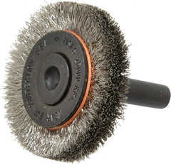 Osborn - 1-1/2" OD, 1/4" Shank Diam, Crimped Stainless Steel Wheel Brush - 3/8" Face Width, 9/32" Trim Length, 0.006" Filament Diam, 25,000 RPM - Exact Tooling