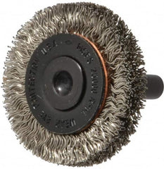 Osborn - 1-1/2" OD, 1/4" Shank Diam, Crimped Stainless Steel Wheel Brush - 3/8" Face Width, 9/32" Trim Length, 0.012" Filament Diam, 25,000 RPM - Exact Tooling