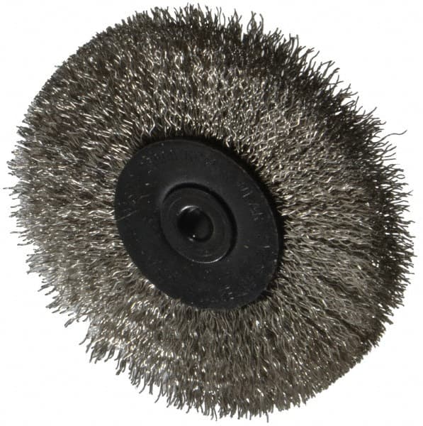 Osborn - 2-1/2" OD, 1/4" Shank Diam, Crimped Stainless Steel Wheel Brush - 7/16" Face Width, 11/16" Trim Length, 0.008" Filament Diam, 25,000 RPM - Exact Tooling