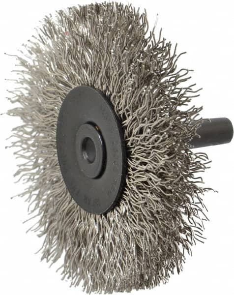 Osborn - 2-1/2" OD, 1/4" Shank Diam, Crimped Stainless Steel Wheel Brush - 7/16" Face Width, 11/16" Trim Length, 0.014" Filament Diam, 25,000 RPM - Exact Tooling