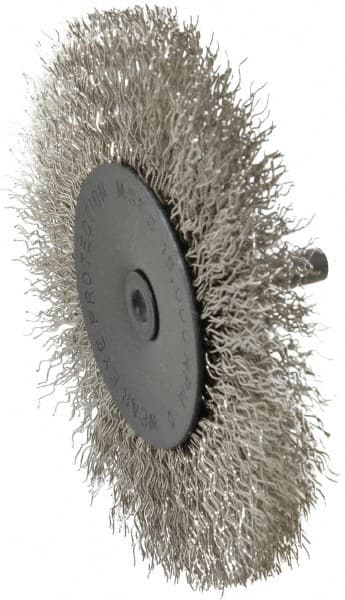 Osborn - 4" OD, 1/4" Shank Diam, Crimped Stainless Steel Wheel Brush - 1/2" Face Width, 1" Trim Length, 0.014" Filament Diam, 15,000 RPM - Exact Tooling