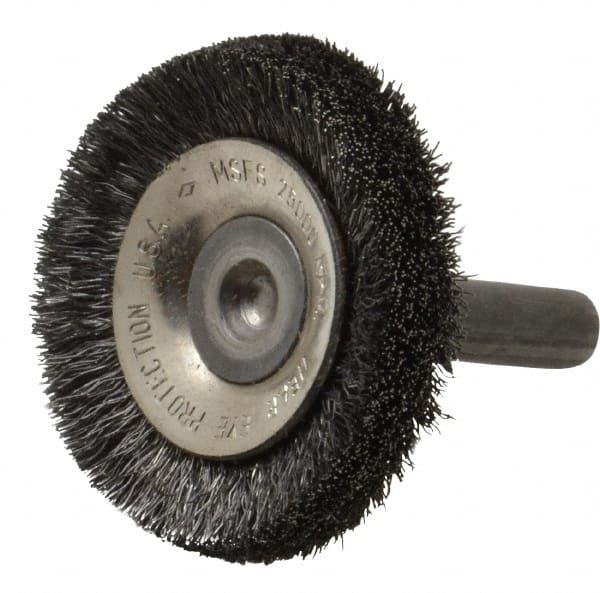 Osborn - 1-1/2" OD, 1/4" Shank Diam, Crimped Steel Wheel Brush - 3/8" Face Width, 3/8" Trim Length, 0.006" Filament Diam, 20,000 RPM - Exact Tooling
