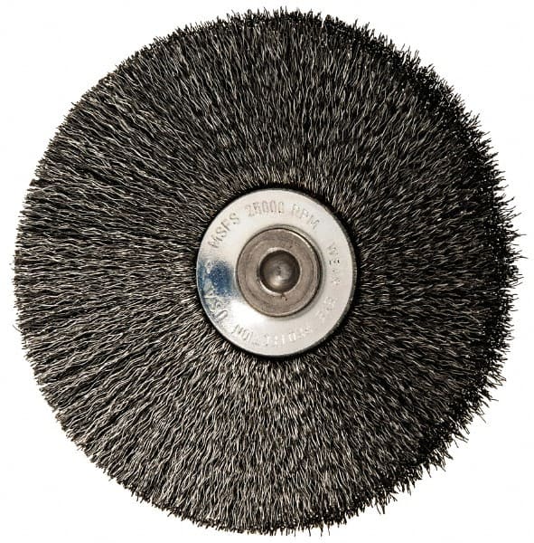 Osborn - 3" OD, 1/4" Shank Diam, Crimped Steel Wheel Brush - 7/16" Face Width, 15/16" Trim Length, 0.006" Filament Diam, 20,000 RPM - Exact Tooling