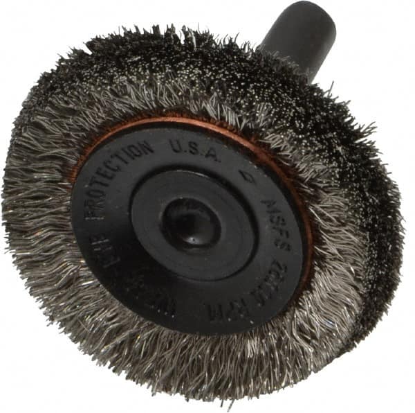 Osborn - 1-1/2" OD, 1/4" Shank Diam, Crimped Stainless Steel Wheel Brush - 3/8" Face Width, 3/8" Trim Length, 0.006" Filament Diam, 20,000 RPM - Exact Tooling