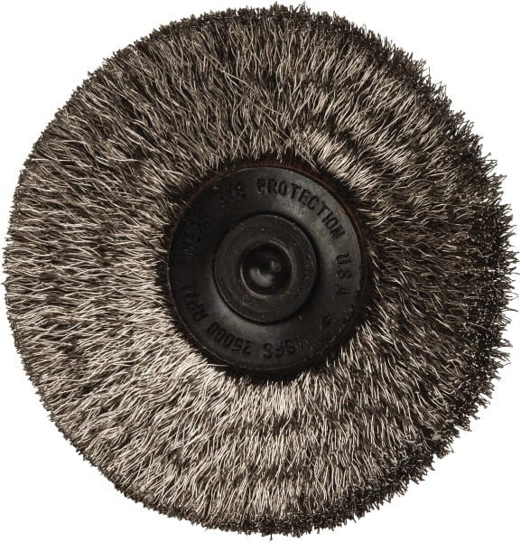 Osborn - 2-1/2" OD, 1/4" Shank Diam, Crimped Stainless Steel Wheel Brush - 7/16" Face Width, 11/16" Trim Length, 0.006" Filament Diam, 20,000 RPM - Exact Tooling