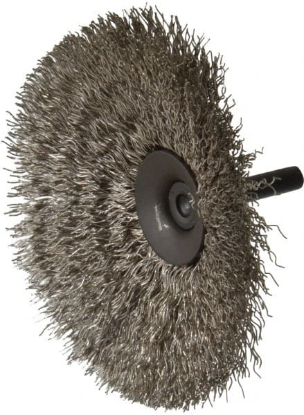 Osborn - 4" OD, 1/4" Shank Diam, Crimped Stainless Steel Wheel Brush - 1/2" Face Width, 1-7/16" Trim Length, 0.014" Filament Diam, 15,000 RPM - Exact Tooling