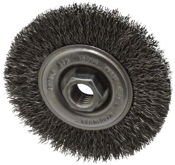 Osborn - 4" OD, 5/8-11 Arbor Hole, Crimped Steel Wheel Brush - 1/2" Face Width, 0.014" Filament Diam, 15,000 RPM - Exact Tooling