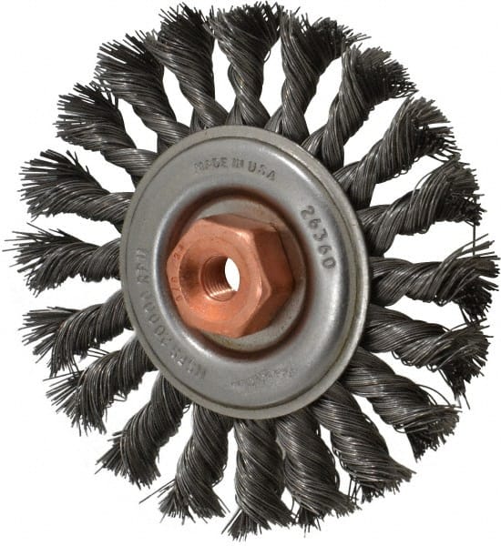 Osborn - 4" OD, 3/8-24 Arbor Hole, Knotted Steel Wheel Brush - 3/8" Face Width, 7/8" Trim Length, 0.014" Filament Diam, 20,000 RPM - Exact Tooling