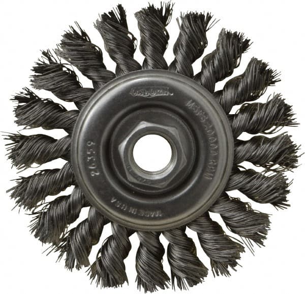 Osborn - 4" OD, 5/8-11 Arbor Hole, Knotted Steel Wheel Brush - 3/8" Face Width, 7/8" Trim Length, 0.014" Filament Diam, 20,000 RPM - Exact Tooling