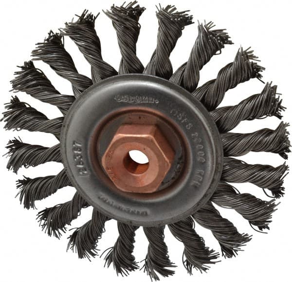Osborn - 4" OD, 3/8-24 Arbor Hole, Knotted Steel Wheel Brush - 3/8" Face Width, 7/8" Trim Length, 0.02" Filament Diam, 20,000 RPM - Exact Tooling
