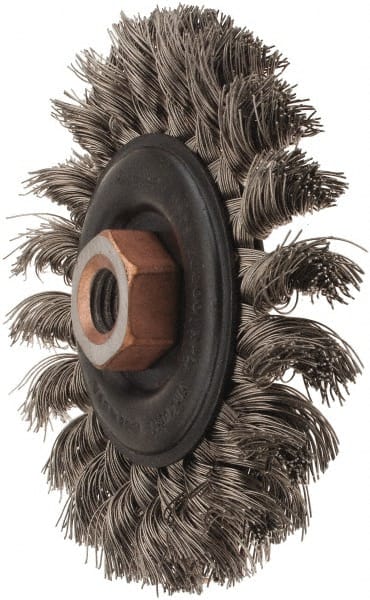 Osborn - 4" OD, 1/2-13 Arbor Hole, Knotted Stainless Steel Wheel Brush - 3/8" Face Width, 7/8" Trim Length, 0.014" Filament Diam, 20,000 RPM - Exact Tooling