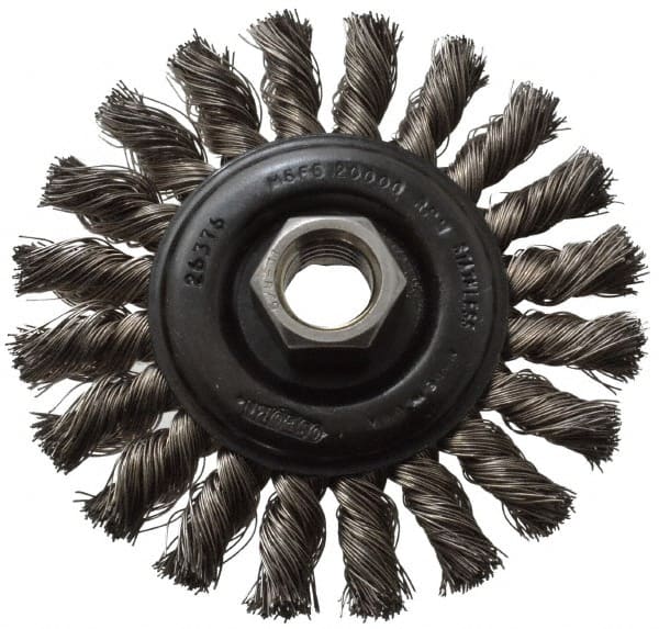 Osborn - 4" OD, 5/8-11 Arbor Hole, Knotted Stainless Steel Wheel Brush - 3/8" Face Width, 7/8" Trim Length, 0.014" Filament Diam, 20,000 RPM - Exact Tooling