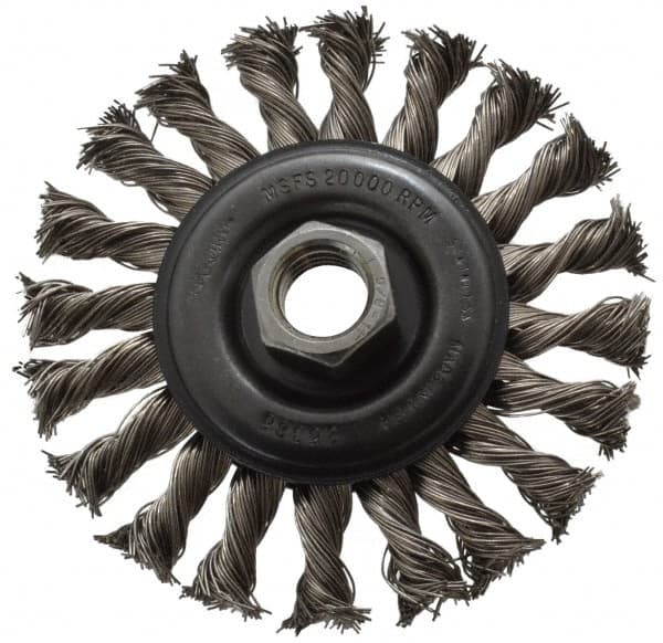 Osborn - 4" OD, 5/8-11 Arbor Hole, Knotted Stainless Steel Wheel Brush - 3/8" Face Width, 7/8" Trim Length, 0.02" Filament Diam, 20,000 RPM - Exact Tooling