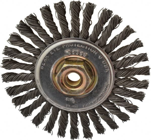 Osborn - 4" OD, M10x1.25 Arbor Hole, Knotted Steel Wheel Brush - 1/4" Face Width, 7/8" Trim Length, 0.02" Filament Diam, 20,000 RPM - Exact Tooling