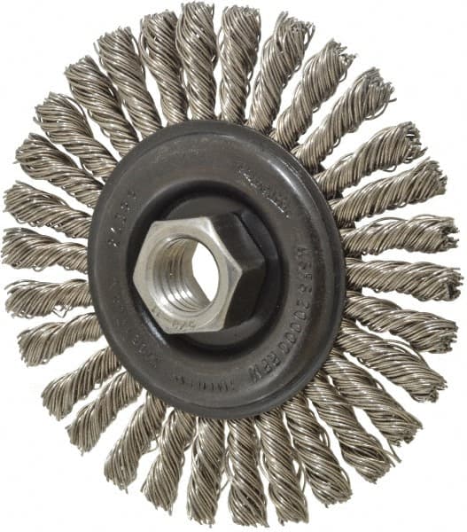 Osborn - 4" OD, 5/8-11 Arbor Hole, Knotted Stainless Steel Wheel Brush - 1/4" Face Width, 7/8" Trim Length, 0.02" Filament Diam, 20,000 RPM - Exact Tooling