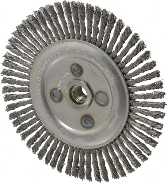 Osborn - 6-1/2" OD, 5/8-11 Arbor Hole, Knotted Steel Wheel Brush - 3/16" Face Width, 1-1/4" Trim Length, 0.02" Filament Diam, 12,000 RPM - Exact Tooling