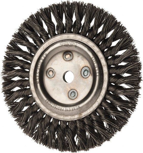 Osborn - 8" OD, 5/8" Arbor Hole, Knotted Steel Wheel Brush - 5/8" Face Width, 1-11/16" Trim Length, 0.025" Filament Diam, 8,500 RPM - Exact Tooling