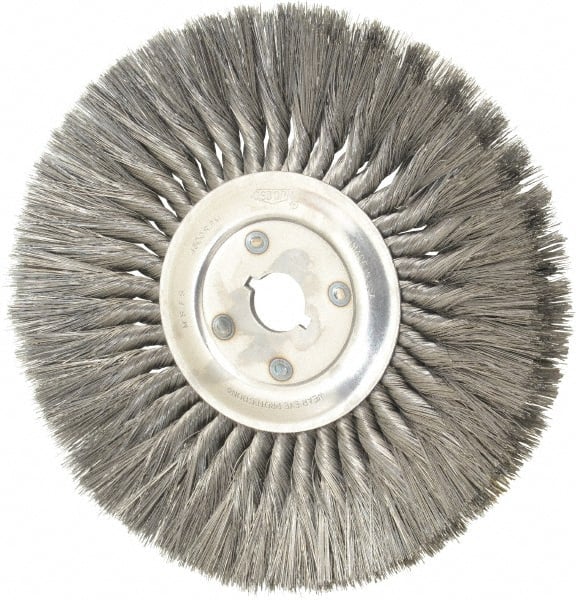 Osborn - 12" OD, 1-1/4" Arbor Hole, Knotted Steel Wheel Brush - 5/8" Face Width, 3-1/4" Trim Length, 0.014" Filament Diam, 4,500 RPM - Exact Tooling