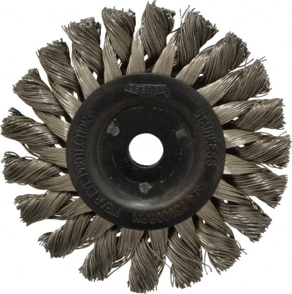 Osborn - 3" OD, 3/8" Arbor Hole, Knotted Stainless Steel Wheel Brush - 3/8" Face Width, 5/8" Trim Length, 0.014" Filament Diam, 25,000 RPM - Exact Tooling