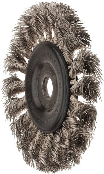 Osborn - 4" OD, 1/2" Arbor Hole, Knotted Stainless Steel Wheel Brush - 5/16" Face Width, 7/8" Trim Length, 0.014" Filament Diam, 20,000 RPM - Exact Tooling