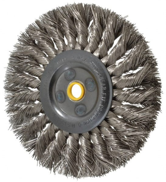Osborn - 6" OD, 5/8" Arbor Hole, Knotted Stainless Steel Wheel Brush - 1/2" Face Width, 1-1/2" Trim Length, 0.016" Filament Diam, 9,000 RPM - Exact Tooling