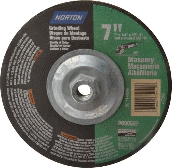 Norton - 24 Grit, 7" Wheel Diam, 1/4" Wheel Thickness, Type 27 Depressed Center Wheel - Silicon Carbide, 8,600 Max RPM, Compatible with Angle Grinder - Exact Tooling