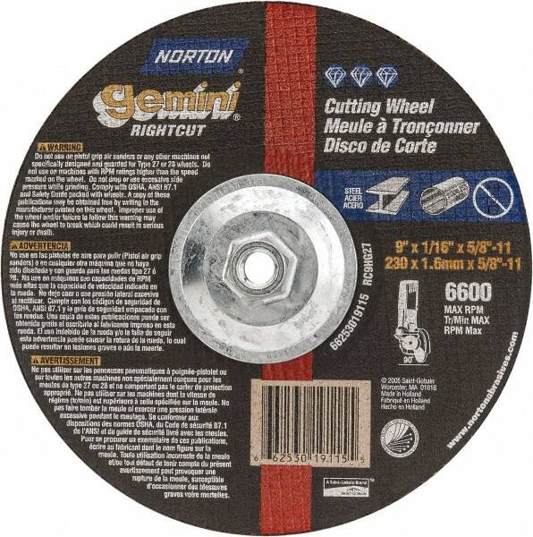 Norton - 9" Wheel Diam, 1/16" Wheel Thickness, Type 27 Depressed Center Wheel - Aluminum Oxide, 6,600 Max RPM, Compatible with Angle Grinder - Exact Tooling
