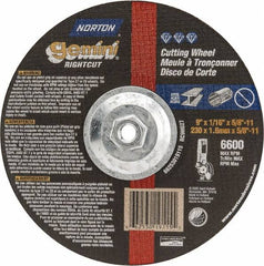 Norton - 9" Wheel Diam, 1/16" Wheel Thickness, Type 27 Depressed Center Wheel - Aluminum Oxide, 6,600 Max RPM, Compatible with Angle Grinder - Exact Tooling