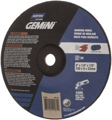 Norton - 24 Grit, 9" Wheel Diam, 1/4" Wheel Thickness, 7/8" Arbor Hole, Type 28 Depressed Center Wheel - Aluminum Oxide, 6,600 Max RPM, Compatible with Angle Grinder - Exact Tooling