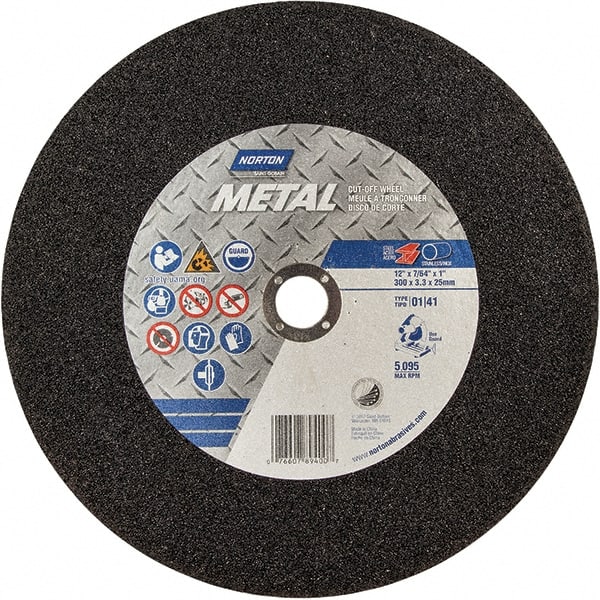 Norton - 12" 36 Grit Aluminum Oxide Cutoff Wheel - 7/64" Thick, 1" Arbor, 5,095 Max RPM, Use with Chop Saws - Exact Tooling