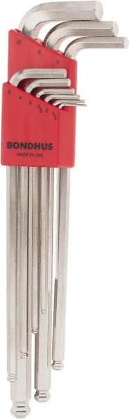 Bondhus - 9 Piece L-Key Ball End Hex Key Set - Hex Range 1.5 to 10mm, 11" OAL, Protanium High Torque Steel - Exact Tooling