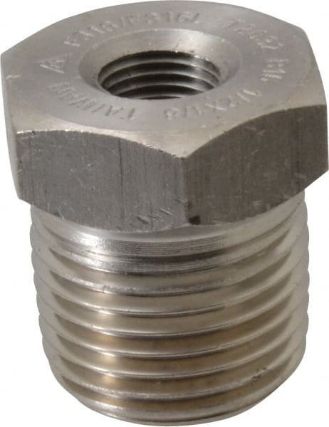 Merit Brass - 1/2 x 1/8" Grade 316/316L Stainless Steel Pipe Hex Bushing - MNPT x FNPT End Connections, 3,000 psi - Exact Tooling