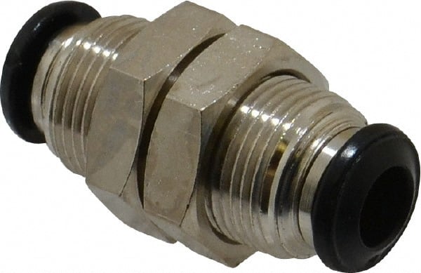 Alpha Technologies - 6mm Outside Diam, Nickel Plated Brass Push-to-Connect Tube Bulkhead Union - 250 Max psi, Tube to Tube Connection, Buna O-Ring - Exact Tooling