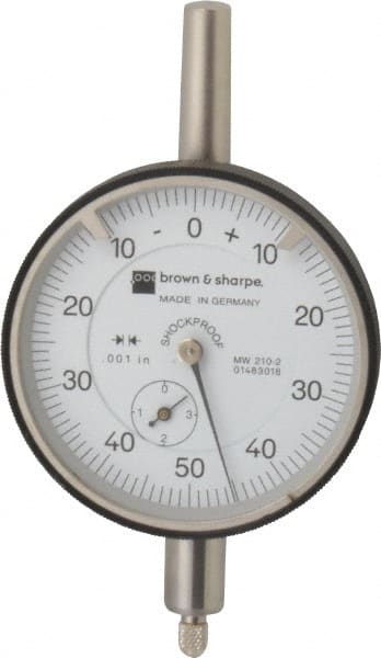 TESA Brown & Sharpe - 0.35" Range, 0-50-0 Dial Reading, 0.001" Graduation Dial Drop Indicator - 2-1/4" Dial, 0.1" Range per Revolution, Revolution Counter - Exact Tooling