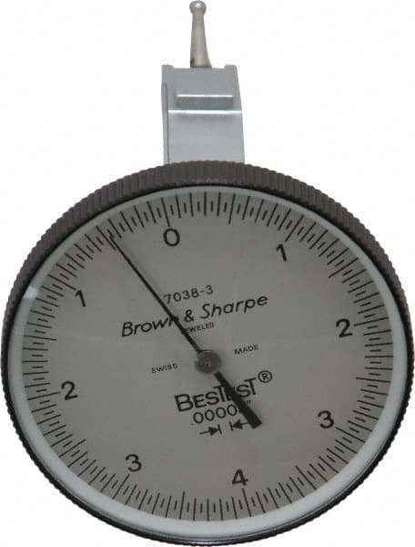 TESA Brown & Sharpe - 0.008 Inch Range, 0 Inch Dial Graduation, Vertical Dial Test Indicator - 1-1/2 Inch White Dial, 0-4-0 Dial Reading - Exact Tooling