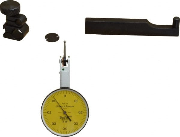 TESA Brown & Sharpe - 0.8 mm Range, 0.01 mm Dial Graduation, Horizontal Dial Test Indicator - 38 mm Yellow Dial, 0-0.4-0 Dial Reading, 0.01 mm - Exact Tooling