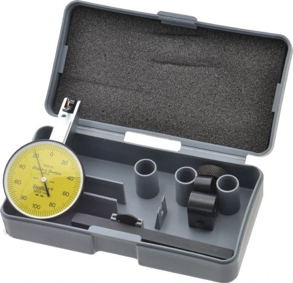 TESA Brown & Sharpe - 0.2 mm Range, 0.002 mm Dial Graduation, Horizontal Dial Test Indicator - 38 mm Yellow Dial, 0-100-0 Dial Reading, 0.002 mm - Exact Tooling